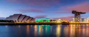 The Armadillo and the SSE Hydro in Panoramic View Glasgow skyline at sunset Talking points of COP26