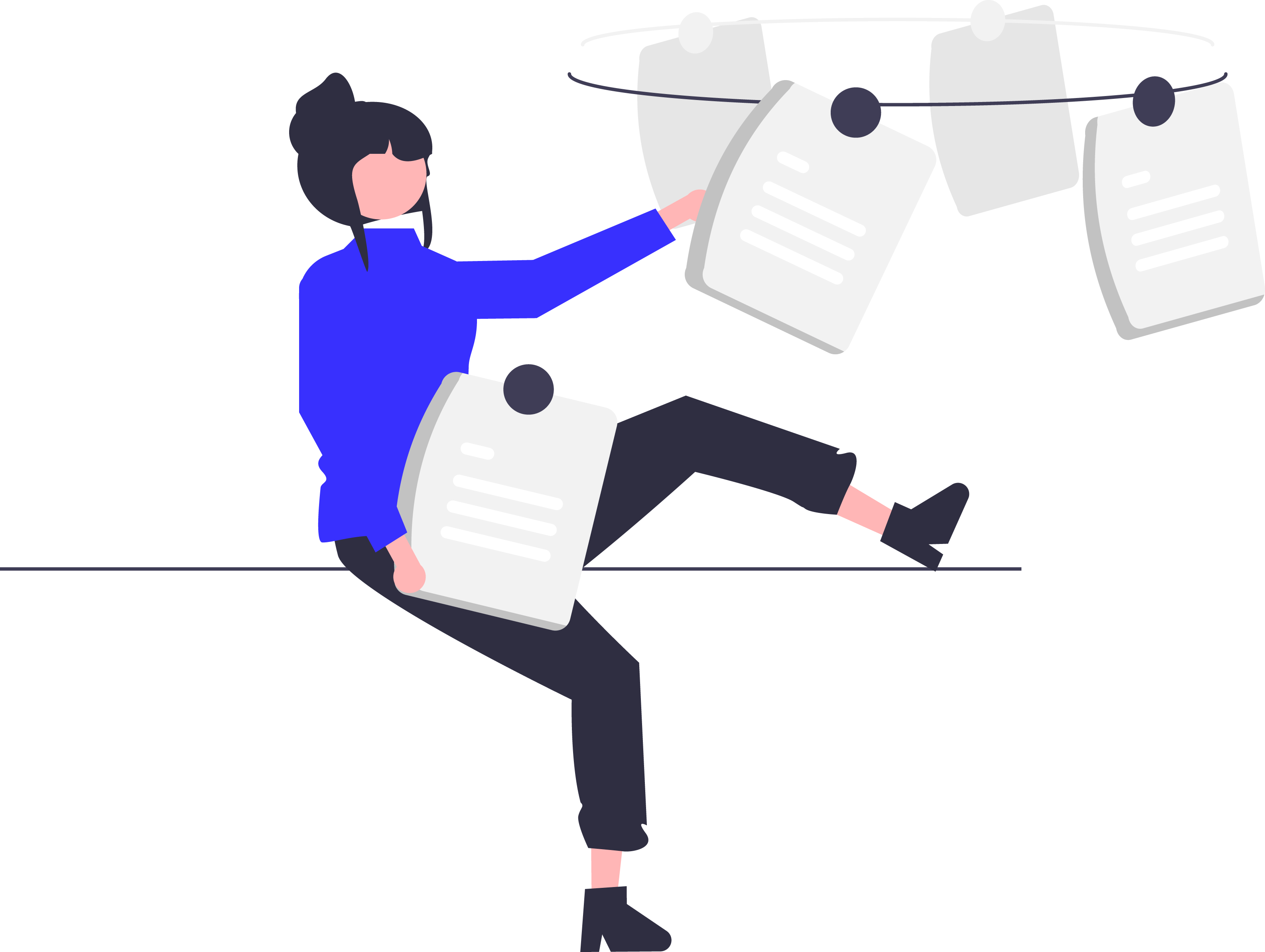 cartoon woman sitting and organising her business telecoms solutions documents and files