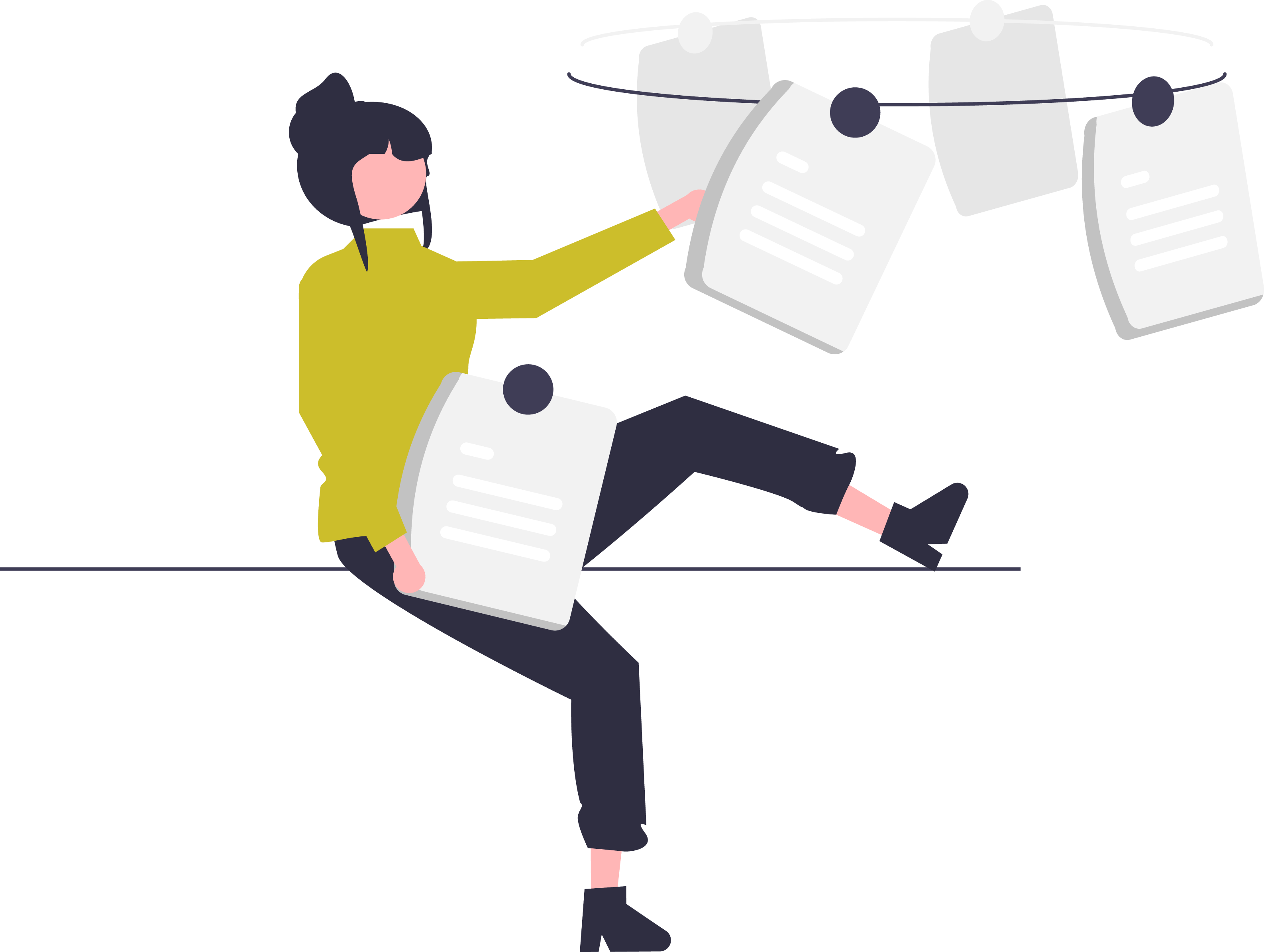 cartoon woman sitting and organising her documents and files