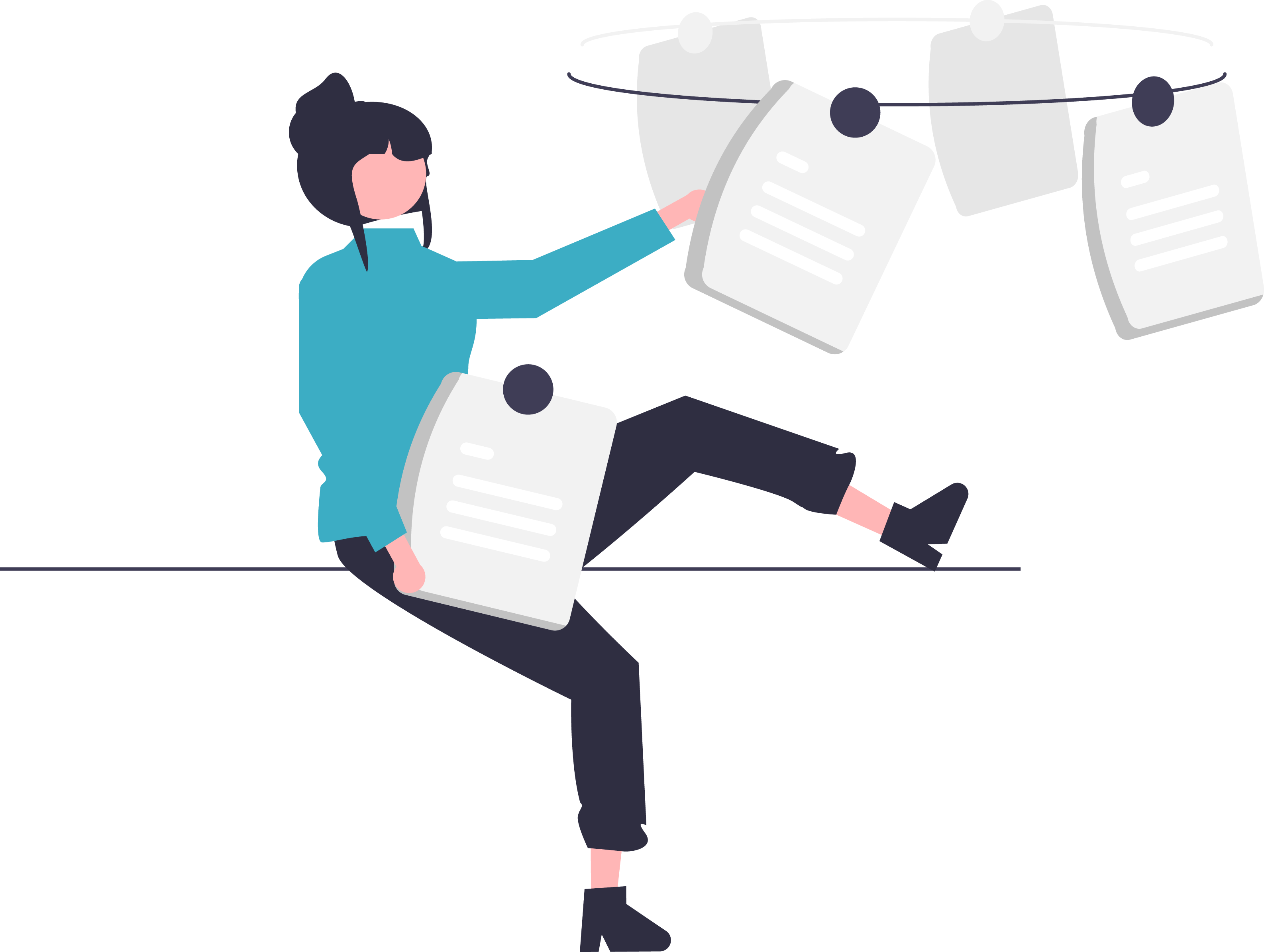 cartoon woman sitting and organising her documents and files for business water solutions