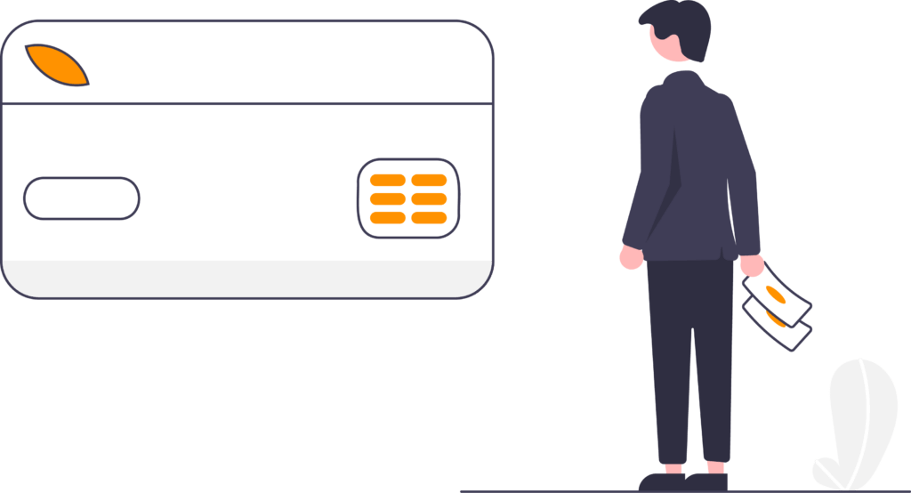 graphic of a man looking at a bank card, representing business finance solutions