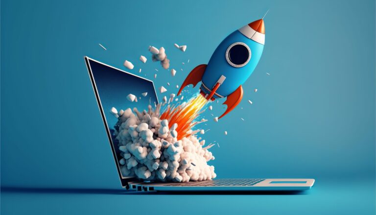 Rocket coming out of laptop screen, blue background. AI digital