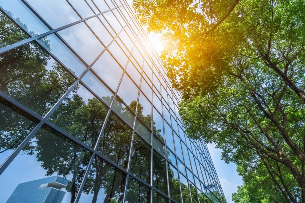 modern office building with green trees