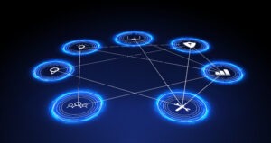Internet of things (IoT) and networking concept for connected devices. Spider web of network connections with on a futuristic blue background. Digital design concept. IoT hologram Internet of things (IoT) and networking concept for connected devices. Spider web of network connections with on a futuristic blue background. Digital design concept. IoT hologram