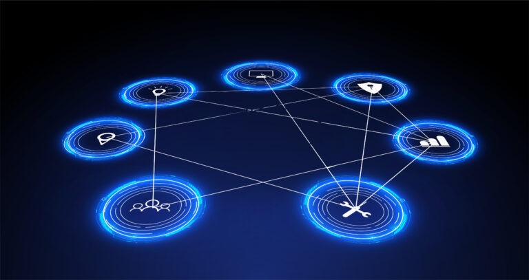 Internet of things (IoT) and networking concept for connected devices. Spider web of network connections with on a futuristic blue background. Digital design concept. IoT hologram