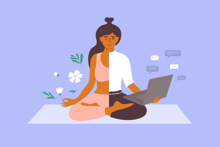 Work life balance vector concept. Business woman meditating on yoga mat holds laptop and flower in hand. Female character choosing between health relax and career. Dividing office vs rest illustration