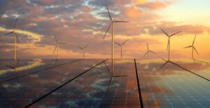 clean energy concept, photovoltaic panels and wind turbines in t TCR - Solar Energy