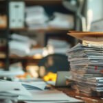 Piles of paperwork on a desk reflecting workload