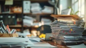 Piles of paperwork on a desk reflecting workload Piles of paperwork on a desk reflecting workload