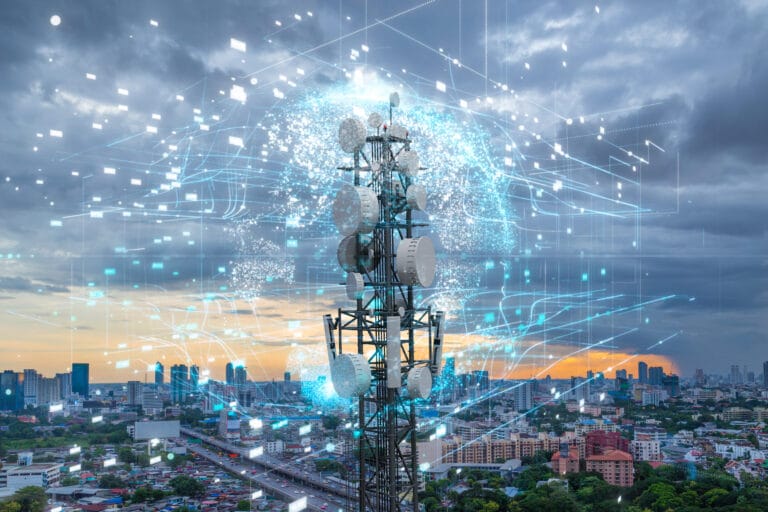 Telecom tower with 5G cellular network antenna on city background, Global connection and internet network concept