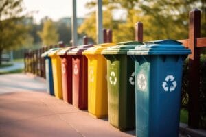 A shot of a row of recycling bins in a well – maintained city park. Generative AI different colour recycling bins to represent proper waste disposal