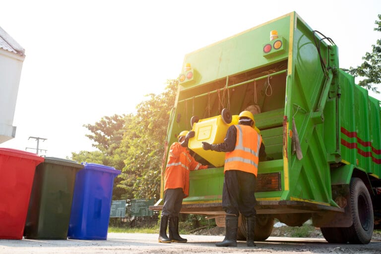 men disposing of rubbish with multiple bins representing an additional bin