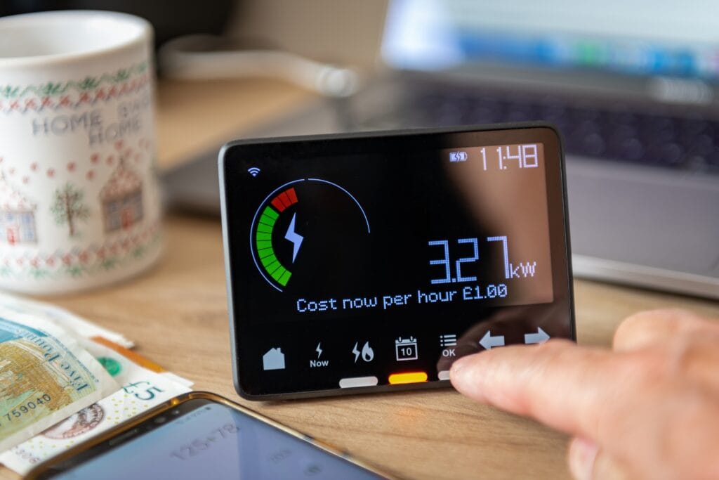 A person checking and calculating rising home energy cost with smart meter. Inflation, cost of living concept. A person checking and calculating home energy cost with smart meter representing tomato energy administration.