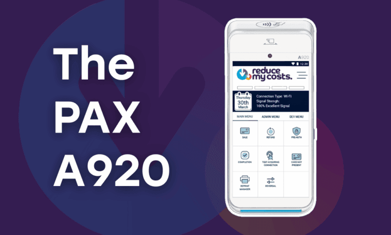 Contact Us 1 pax a920 card machine with rmc logo and rmc purple background