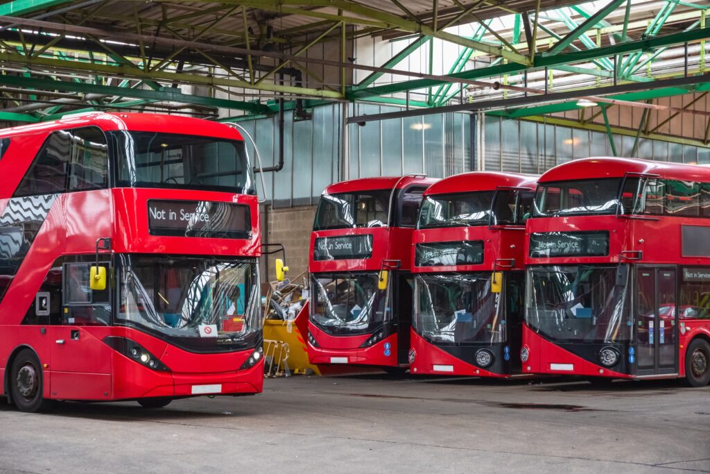 Buses at Ash Grove garage in Hackney, East London, UK buses in depot